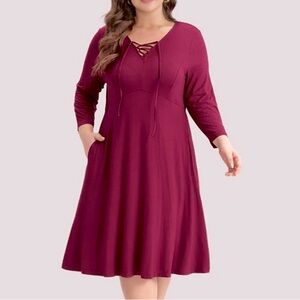 BloomChic Burgundy Tie Front Midi A-Line Dress 3/4 sleeve in Size 14-16 1X